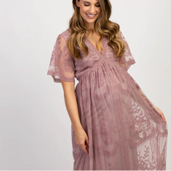 PinkBlush Mauve Lace Mesh Overlay Maternity Maxi Dress - Picture 2 of 7